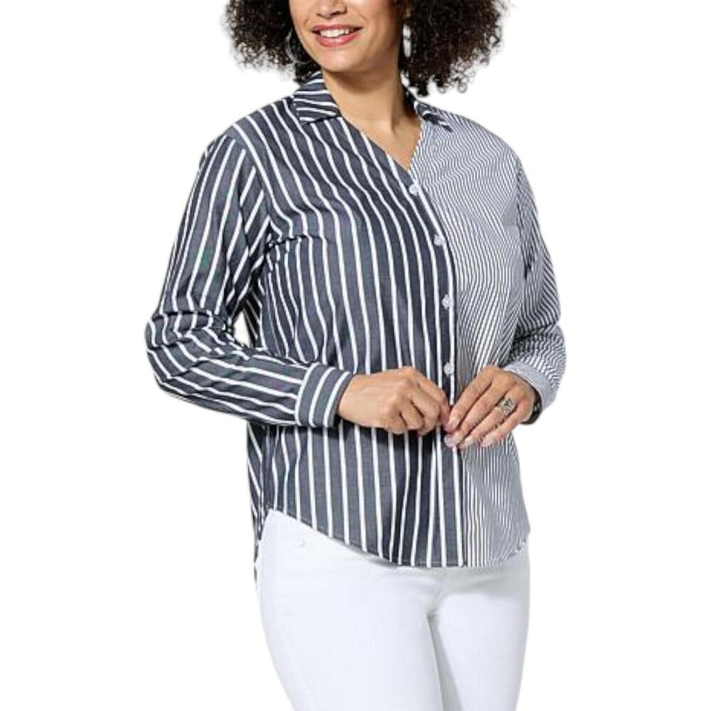 Lacey Chabert Mixed Stripe Button-Down Top Black/White - Regular